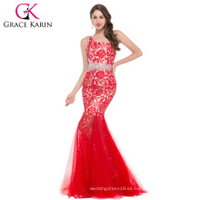 Grace Karin un hombro largo rojo Tulle encaje sirena japonés vestido de baile de 2016 GK000023-2